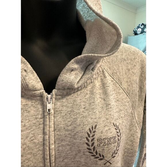 PINK Victoria's Secret Women's Heather Gray Fleece Glitter Full Zip Hoodie Large - Picture 6 of 7
